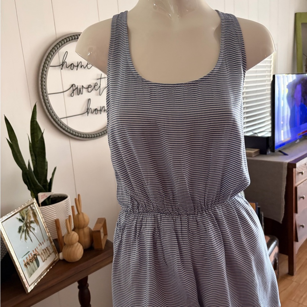 Striped Sleeveless Romper in chambray blue and White